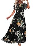Simplee Womens Summer Boho Maxi Dress Floral Short Sleeve Evening Dresses Ruched Flowy Prom Beach Black Wedding Guest Dress(Black M)