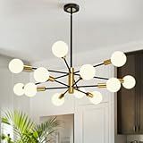 KEILAIMO Modern Chandelier, 12-Light Sputnik Ceiling Light Fixture, Mid Century Height Adjustable Sputnik Chandeliers for Dining Room, Kitchen Island, Living Room, Bedroom - Black and Gold
