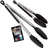GORILLA GRIP Stainless Steel Heat Resistant Kitchen Tongs for Cooking, 9 + 12 Inch, Set of 2 BBQ Tong, Non Scratch Silicone Tip for Pan, Strong Grip, Grab Food, Toss Salad, Air Fryer, Pull Lock, Black