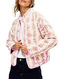 Tankaneo Womens Quilted Lightweight Jackets Floral Print Winter Coats Open Front Cardigan with Pockets, Pink, Small