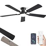 ZMISHIBO 52 Inch Ceiling Fan with Light, App&Remote Control, Flush Mount Low Profile, Dimmable 20W LED Light, Quiet Reversible Motor for Bedroom, Living Room, Apartment, Black