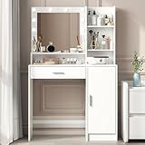 Palimder Vanity Desk with Mirror and Light, Large Drawer and Three Level Storage Dresser, 3 Lighting Modes Adjustable Brightness, Bedroom Dressing Table (White)