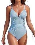 Blooming Jelly Womens One Piece Swimsuit Sparkly Tummy Control Bathing Suit(Light Blue,M)
