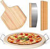 5 PCS Round Pizza Stone Set, 13" Pizza Stone for Oven and Grill with Pizza Peel(OAK),Serving Rack, Pizza Cutter & 10pcs Cooking Paper for Free, Baking Stone for Pizza, Bread