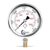 CARBO Instruments 15000 PSI Glycerin Liquid Filled Pressure Gauge, 4" Dial, 1/4 NPT Lower Mount, 304 Stainless Steel Case, Brass Wetted Parts, Dual Scale PSI/Bar - ASME B40.1 Grade A