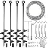 Fabulas 4 Pack 18" Ground Anchors Shed Anchor Kit with 50ft Galvanized Cable & 4 Pack Turnbuckles, Heavy Duty Ground Anchor Screw in Spiral Auger Earth Stakes for Shed Trampoline Swing Set Mobile Home