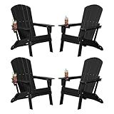 Plawdlik Folding Adirondack Chair Set of 4, Cup Holder，Wooden Textured ，Heavy All-Weather HDPE Comfortable Set Poolside Backyard Lawn Black
