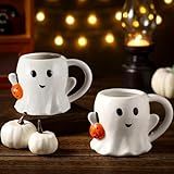 Yiyiring 2 Pcs 12 oz Halloween Ghost Mug Coffee Ceramic Boo Mug with Pumpkin Cute Ghost Face Cup with Handle for Halloween Party Decoration