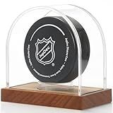 JupDec Hockey Puck and Collectibles Display Case, Premium Acrylic Clear Box Puck Holder with Mahogany Wood Base, Showcase for Autographed Souvenir Memorabilia, Collectible Figure Stand