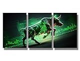 3 Panel Canvas Wall Art Green Bull Market Motivational Picture Artwork for Home Office Bedroom Uptrend Stock Market Poster Prints Wall Decoration Framed Ready to Hang 36x16 Inches