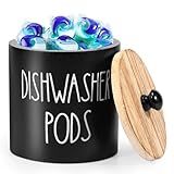 Round Dishwasher Pods Container, Wood Dishwasher Pod Holder with Lid for Kitchen Decor, Laundry Pod Container for Laundry Detergent Storage (Black)
