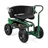 Goplus Garden Seat with Wheels, Rolling Gardening Stool with Adjustable 360° Swivel Seat, Tool Tray & Storage Basket, Extendable Handle, Outdoor Gardening Scooter, Garden Cart Workseat for Seniors