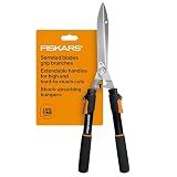Fiskars Power-Lever Extendable Hedge Shears, Self-Sharpening Serrated Steel Blades for Clean Cuts, Handles Adjust 25"-33" for High Reach, Multiplies Leverage for 2x Power, 10" Blades, Orange/Black