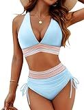 Blooming Jelly Womens High Waisted Bikini Tummy Control Color Block Swimsuits Two Piece Bathing Suit (L, Blue)