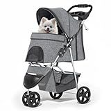 MoNiBloom 3 Wheels Pet Dog Cat Stroller for Small Medium Dogs and Cats, Lightweight Foldable Jogger Stroller w/Storage Basket and Cup Holder, Gray