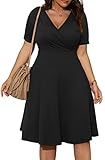 POSESHE Womens Plus Size Black Dresses Short Sleeve Wrap V-Neck Stretchy Summer Cocktail Swing Dress with Pockets,Black,3XL