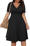 POSESHE Womens Plus Size Black Dresses Short Sleeve Wrap V-Neck Stretchy Summer Cocktail Swing Dress with Pockets,Black,3XL