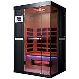 OnxyEdge 2-Person Full Spectrum Infrared Sauna with 12 * 12" Red Light Therapy & 2 Built-in Speakers, Indoor Dry Sauna 1990W/120V with Dual LED Controls for Home & Gym – Canadian Hemlock Spa Room