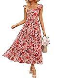 ZESICA Women's Summer Boho Floral Midi Dress 2026 Casual Ruffle Cap Sleeve Beach Wedding Guest Flowy Tiered Long Dresses,VintagePink,Medium