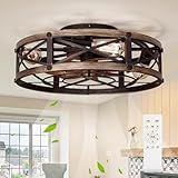 SHLUCE 19" Farmhouse Flush Mount Caged Ceiling Fans with Lights, 6 Speeds, Rustic Low Profile Ceiling Fan with Light and Remote, Small Bladeless Ceiling Fans with Lights for Kitchen, Bedroom - ETL