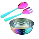 Stainless Steel 80 oz Large Salad Bowl sets with Serving Utensils 12 Inch Salad Spoon and Fork Serving set, Fruit Salad Mixing Bowl Server set of 3, for Hosting Party Kitchen Essentials (Rainbow)