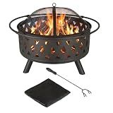 Pure Garden Outdoor Fire Pit with Cross Weave Pattern, Black, 32-Inch