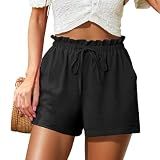 FREEOAK Womens Linen Summer Shorts Adjustable Tie Waist Cute Lightweight High Waisted Vacation Comfy Outfits Black Size Large