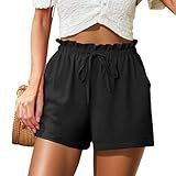 FREEOAK Womens Linen Summer Shorts Adjustable Tie Waist Cute Lightweight High Waisted Vacation Comfy Outfits Black Size Large