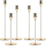 Gold Taper Candle Holder Set of 6, Brass Gold Tall Candlestick Holders, Metal Vintage Candle Stickers Long Holder Set, Pillar Decorative Candle Holder Fits 3/4 Inch Candle
