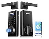 Philips Wi-Fi Smart Lock with Handles, WiFi Keyless Entry Front Door Lock Set, Keypad Deadbolt with Handle App Fingerprint Code Unlocking, Auto Locking, Built-in WiFi, Remote Control & Voice Unlock