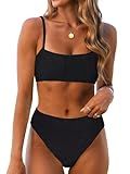 ANRABESS High Waisted Bikini Sets for Women Tummy Control 2 Piece Swimsuits Ribbed Textured Bathing Suits Beach Swimwear Black Medium