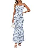Zelroxa Women Blue Floral Slip Dress Sleeveless Spaghetti Strap Ruched Bodycon Vacation Sundress Beach Wedding Backless Square Neck Bandage Pastel Italian Long Summer Dresses
