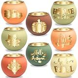 Set of 8 Fall Votive Candle Holder,Glass Tealight Holders with 6 Engraving Patterns,Thanksgiving Candlestick Holder for Home Wedding Table Centerpieces Decoration