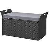 DWVO 90 Gallon Outdoor Storage Bench,Rattan Deck Box with Cushion, Outside Bench for Patio Storage,Yard,Pool,Garden,Black&Grey