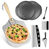 Pizza 7PCS Pizza Peel Pizza Pan Set, 12" x 14" Pizza Spatula, Aluminum Pizza Paddle with Rocker Cutter Scraper Pie Server Oil Brush, Pizza Oven Accessories, Baking Pizza, Dough, Bread & Pastry