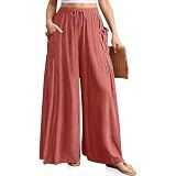 TARSE Women's Wide Leg Linen Pants Flowy Casual Palazzo Trousers Rust Red