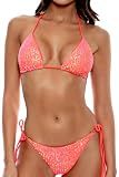 Women's Triangle Sequin Bikini Set Brazilian Halter String Backless Tie Side Thong Two Piece Swimsuit Bathing Suit Coral Pink