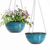 Vanslogreen 2 Pack Hanging Planters for Indoor Outdoor Plants, 10 Inch Hanging Planter with Drainage Hole & Plug Glazed Hanging Baskets Flower Pots for Garden Home (Blue)