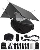 Sunyear Hammock Camping with Rain Fly Tarp and Net, Portable Camping Hammock Double Tree Hammock Outdoor Indoor Backpacking Travel & Survival, 2 Tree Straps,100% Waterproof Black Bundle