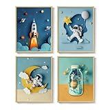 Framed Space Themed Wall Art for Bedroom, 4 Piece Modern Outer Space Astronaut Canvas Prints, Large Rocket Wall Decor for Boys Room, Kids Playroom, Bathroom, 12x16 Inch