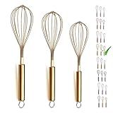 Berglander Gold Whisk Pack of 3 Stainless Steel 8",10",12", Titianium Plating Whisks for Cooking, Beater,Wire Whisk Set Kitchen Wisk (Gold)