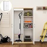 OQSC Wooden 55" Tall Broom Closet Storage Cabinet for Vacuum Cleaner & Floor Scrubbers with 2 Doors and Adjustable Shelf, Cleaning Supply Cabinet with Bottom Openwork for Laundry Room, Garage