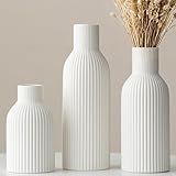 Modern Ceramic Vases Set of 3, White Ribbed Decorative Vases, Shelf Table Centerpiece for Home Decor (White)