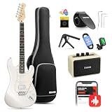 Donner Electric Guitar, DST-152 39" Starter Kit with HSS Pickup Coil Split, Amp, Padded Gig Bag, Accessories, Polar White