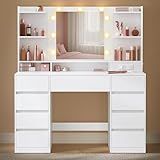 VASAGLE Kailyn Collection - Vanity Desk with Mirror and 9 LED Bulbs, Vanity Makeup Table with Power Outlets, Dressing Table with 9 Drawers, for Bedroom, Cloud White URDT141WB01S