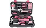 Apollo Tools 39 Piece General Household Tool Set in Toolbox Storage Case with Essential Hand Tools for Everyday Home Repairs, DIY and Crafts - Pink Ribbon - Pink - DT9711P