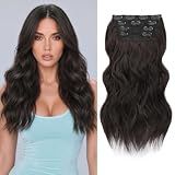 ALXNAN Clip in Long Wavy Synthetic Hair Extension 16 Inch Dark Brown 4PCS Thick Hairpieces Fiber Double Weft Hair for Women