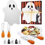 Ziliny Halloween Cheese Board Set Mini Ghost Shaped Cutting Board Small Bamboo Wooden Charcuterie Halloween Platter Serving Tray with Knives and Forks Tags Box for Party Gift Kitchen Decoration