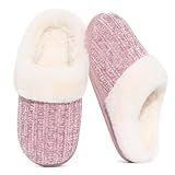Evshine Women's Warm Chenille Knit House Slippers Comfy Memory Foam Winter Slippers with Faux Fur Collar and Indoor Outdoor Soles Pink, 40-41 (Size 8-9)