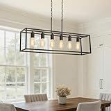 Boncoo 6 Light Black Chandeliers for Dining Room, Adjustable Height Linear Chandelier Kitchen Light Fixture, Modern Farmhouse Chandelier Rectangle Island Light for Kitchen Hanging Light Fixtures